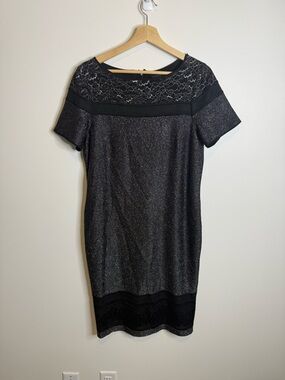 St. John Black Glitter Lace Yoke Midi Dress size 14